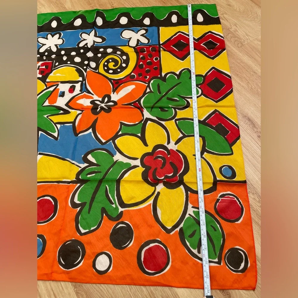 Vintage Colorful square scarf floral polka dots palm tree red blue green yellow